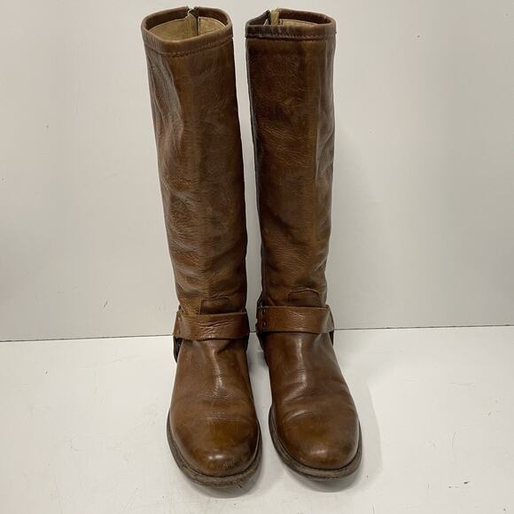 Frye Womens Phillip Riding Boots Size 7 Tall Cognac Soft Vintage Leather Harness - Picture 6 of 13